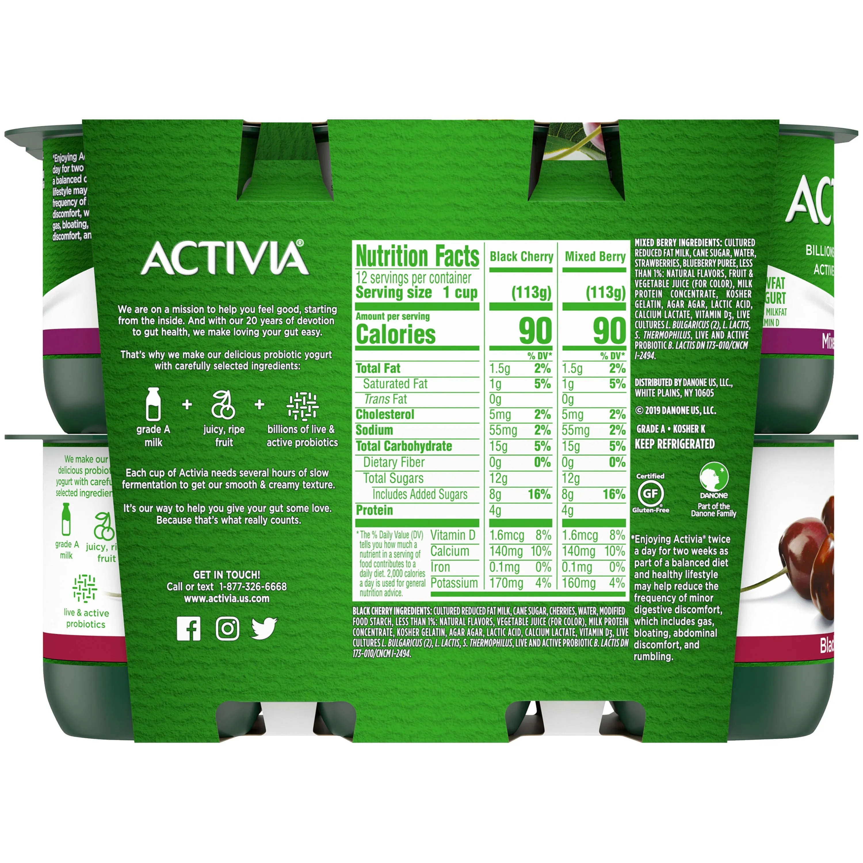 Activia Black Cherry and Mixed Berry Probiotic Yogurt, Lowfat Yogurt Cups, 4 oz, 12 Count