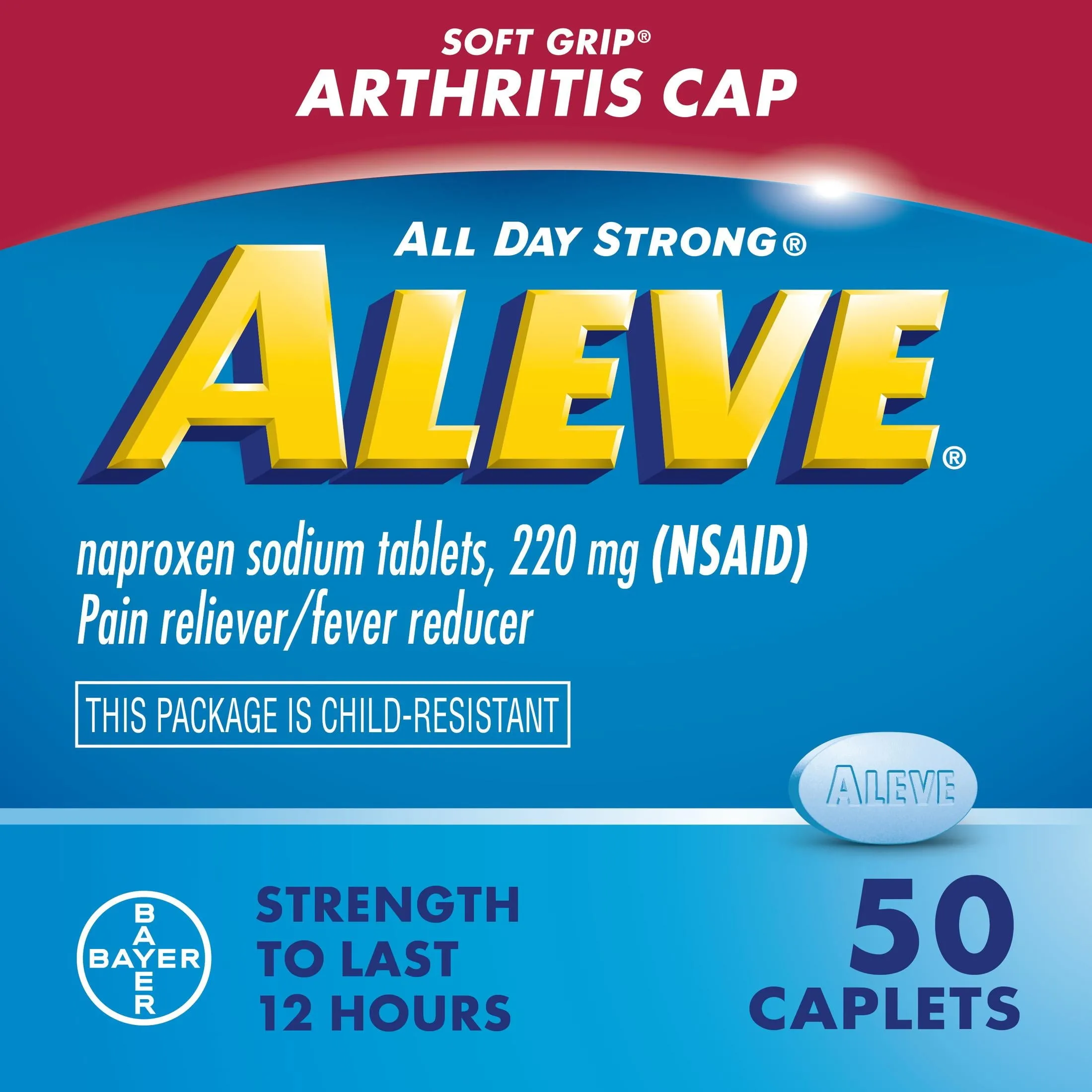 Aleve Caplets Soft Grip Arthritis Cap Naproxen Sodium Pain Reliever, 50 Count