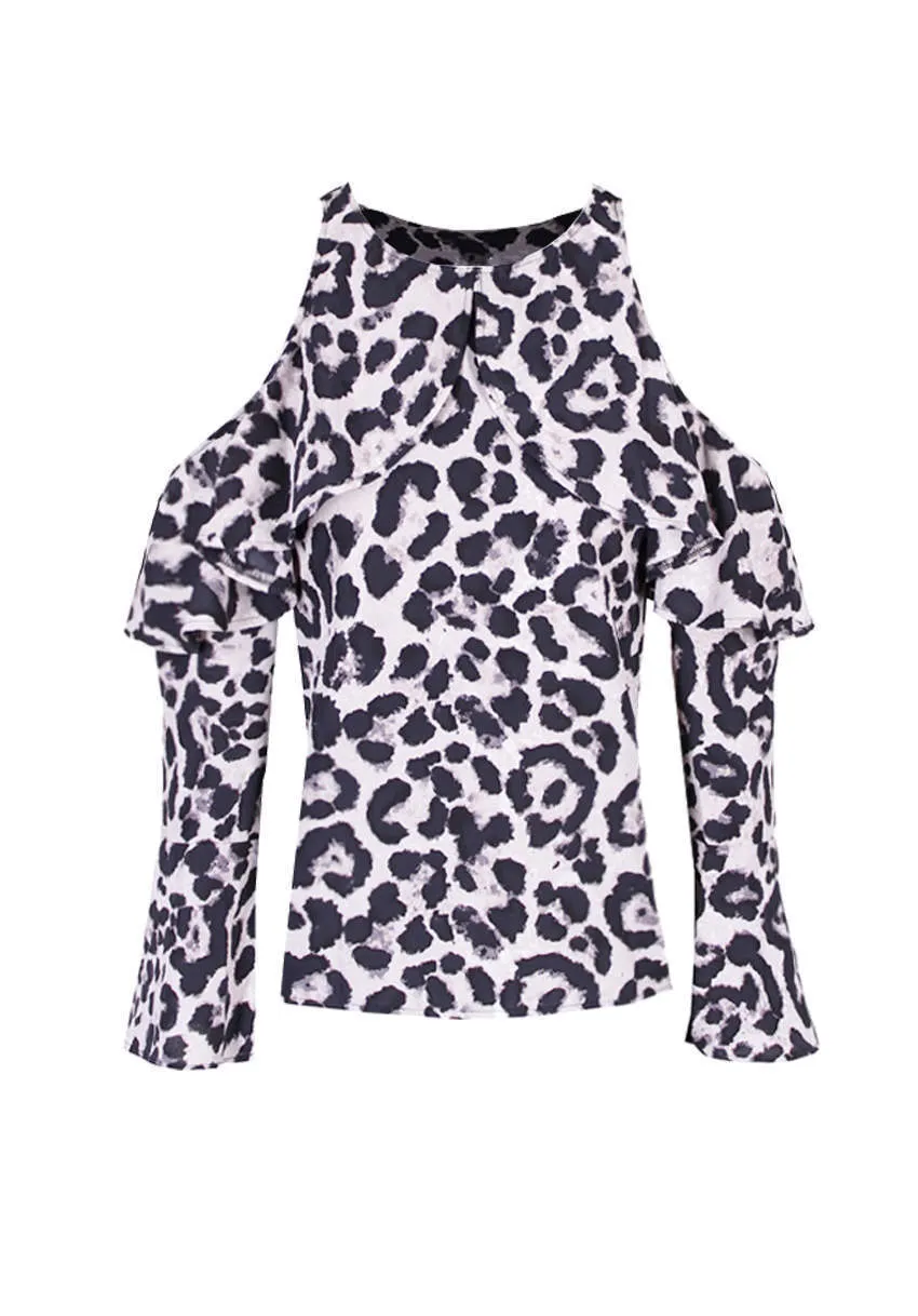 Animal Print Cold Shoulder Frill Detail Top