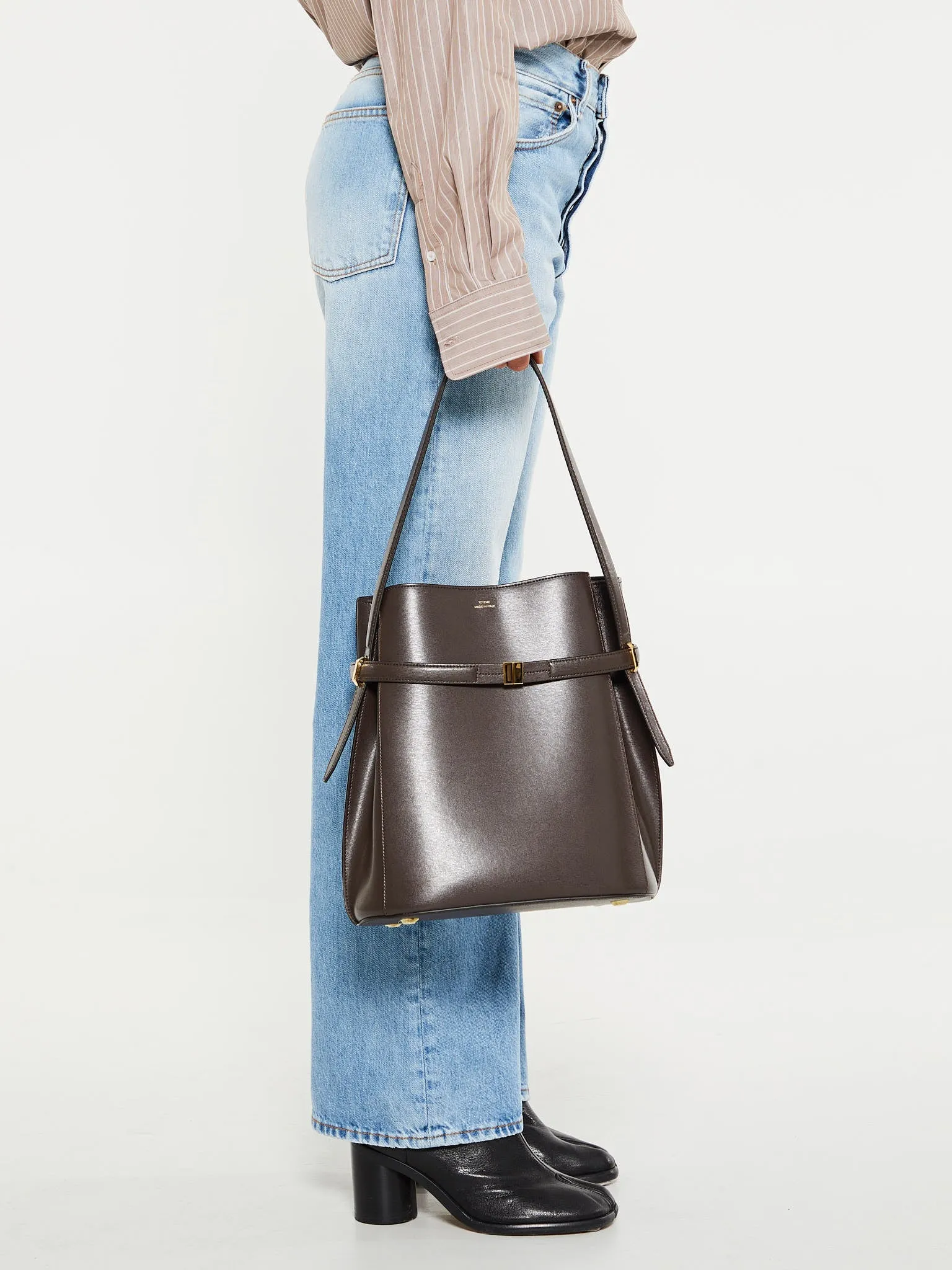 Belted Leather Bucket Bag in Bark