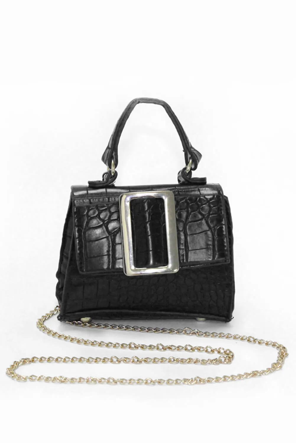 Black Croc Mini Handbag With Gold Buckle