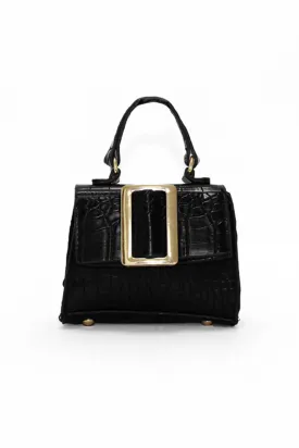 Black Croc Mini Handbag With Gold Buckle