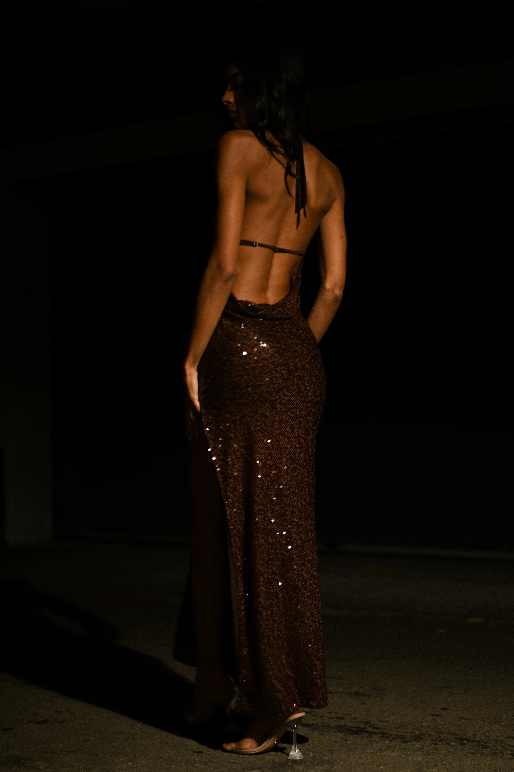 Blakely Halter Sequin Maxi Dress - Dark Chocolate