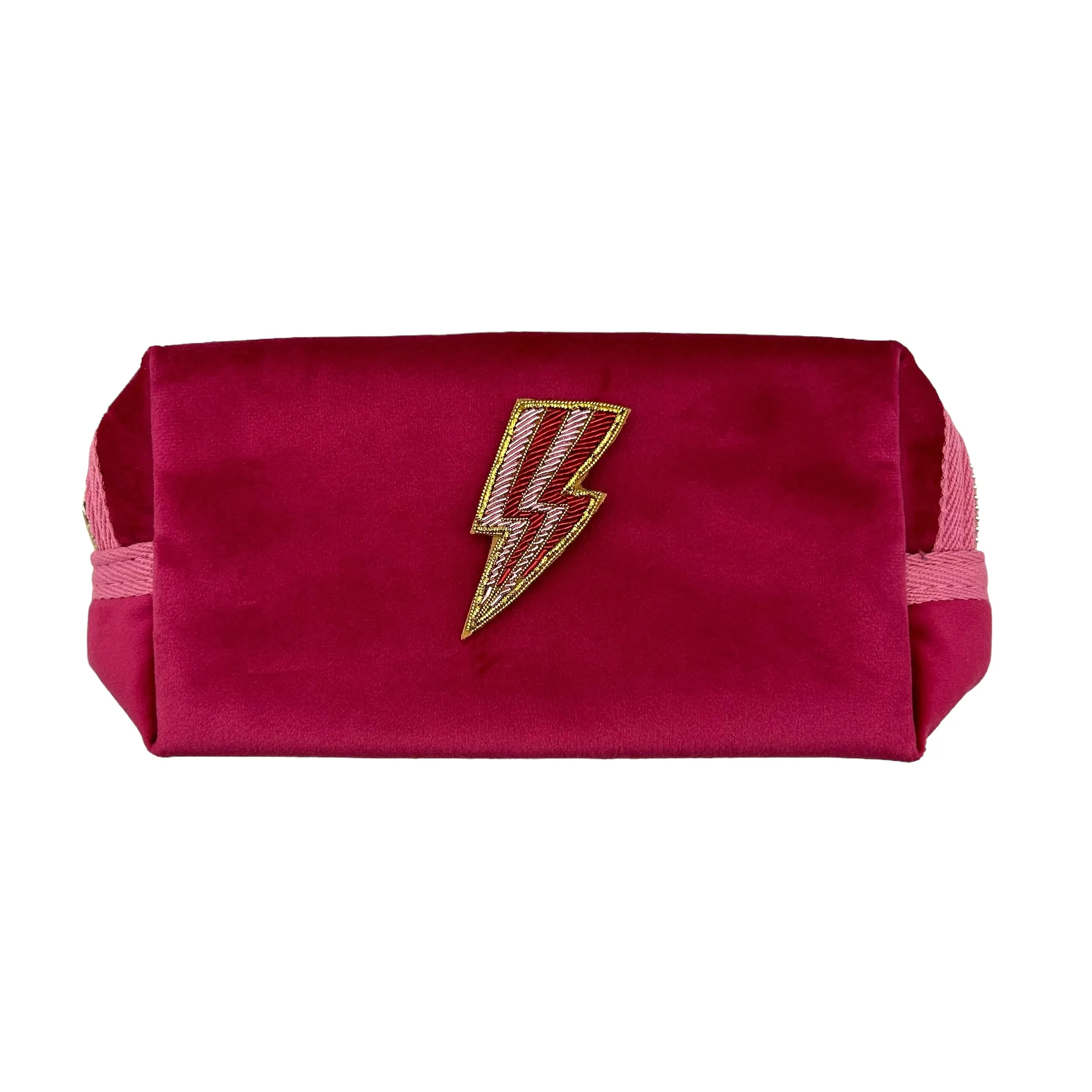 Bright pink make-up bag & lightning bolt - recycled velvet