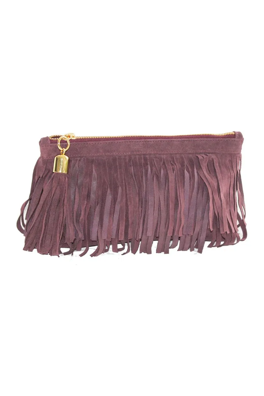 Burgundy Fringed Suede Charlie Clutch