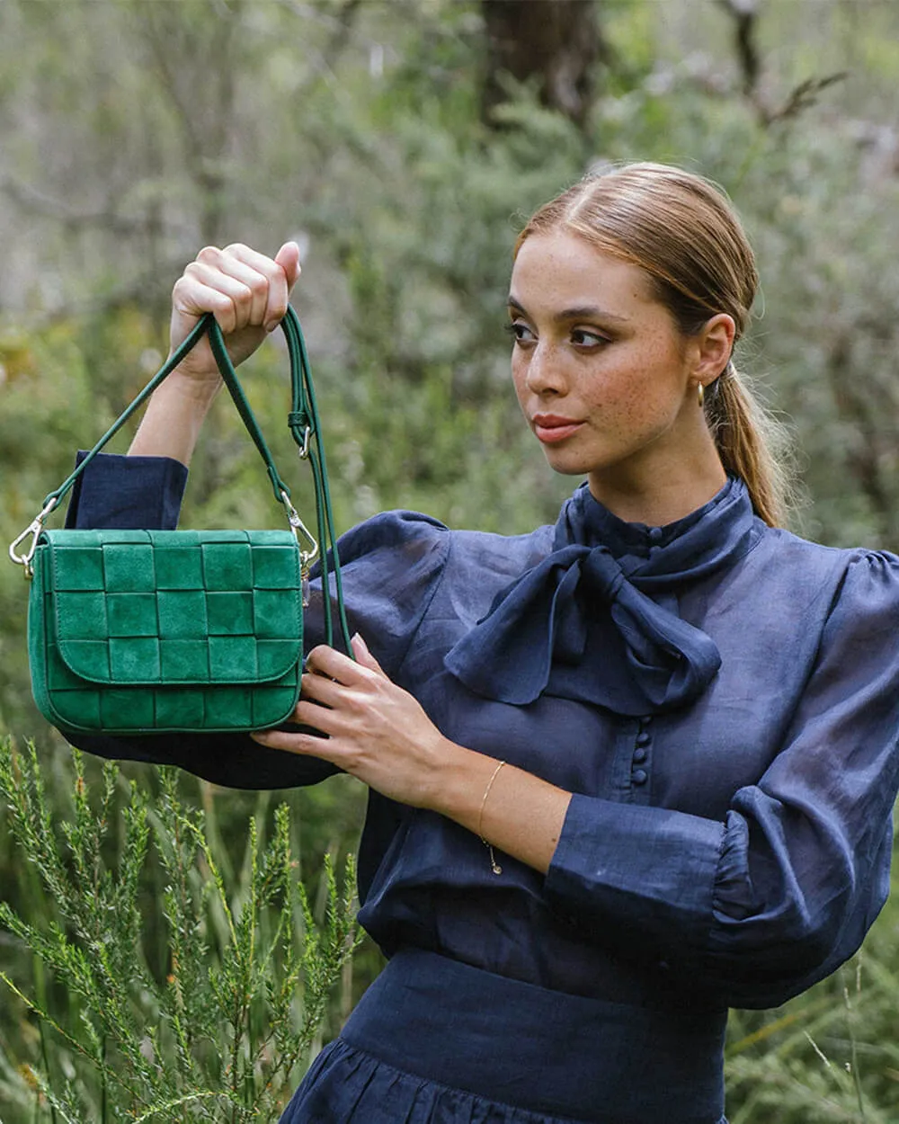 Clara Weave Crossbody - Emerald Suede