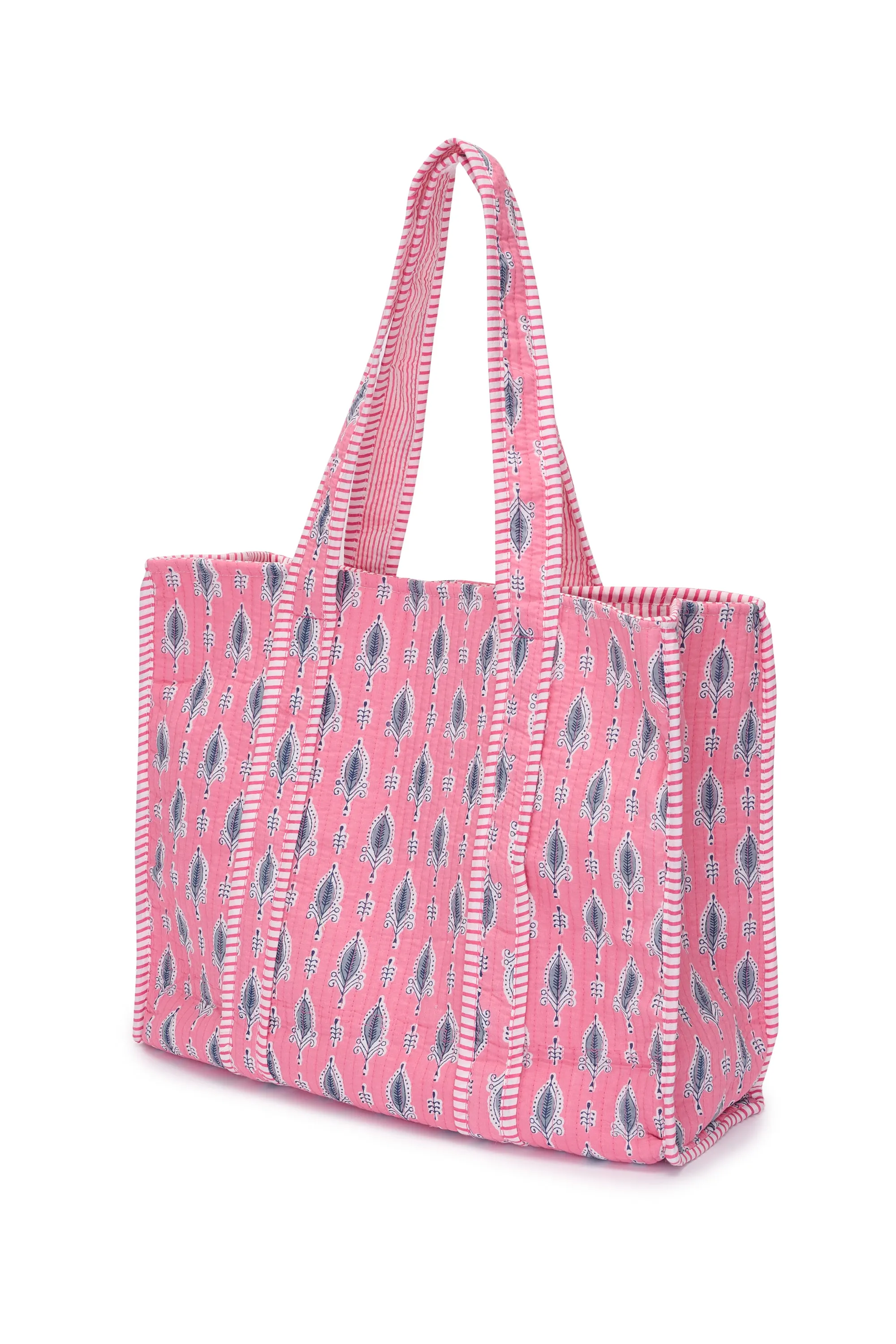 Cotton Tote Bag In Raspberry Sorbet & Grey Leaf