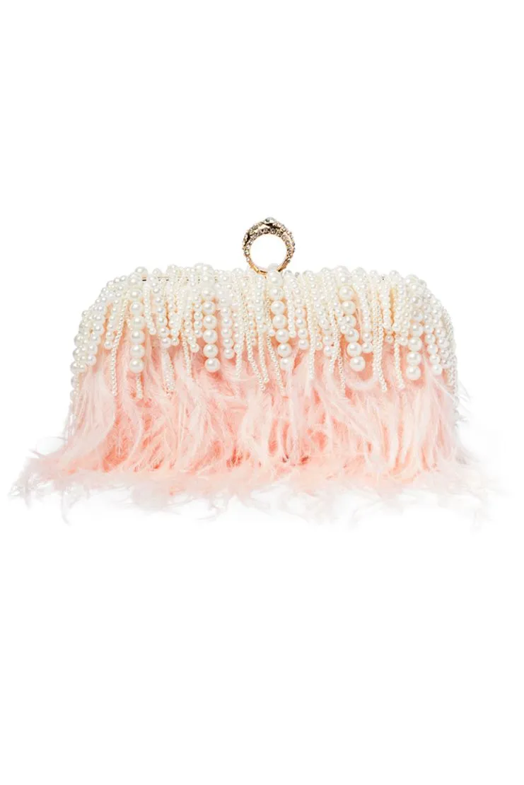 Feather & Waterfall Pearl Clutch - Pink