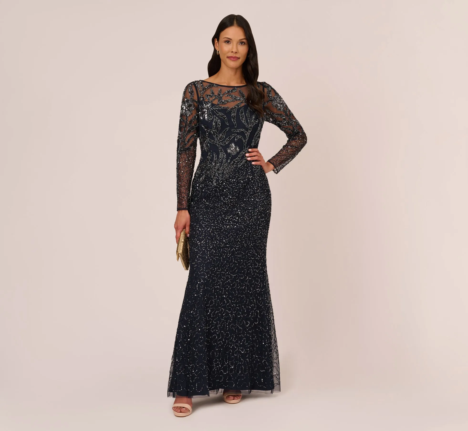 Floral Beaded Dress With Sheer Long Sleeves In Midnight