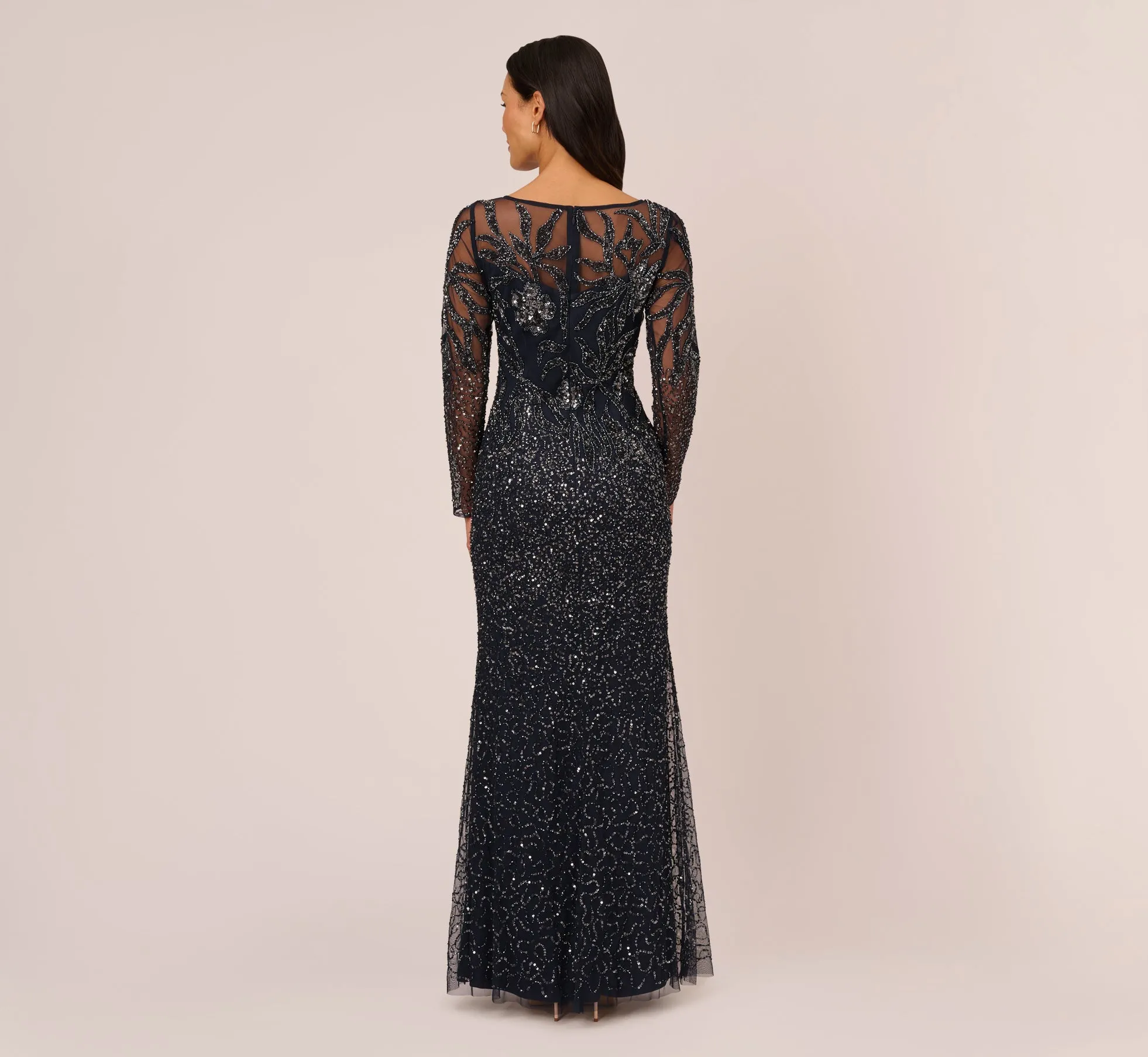 Floral Beaded Dress With Sheer Long Sleeves In Midnight