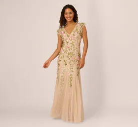 Floral Beaded Mermaid Gown With Flutter Cap Sleeves In Light Champagne