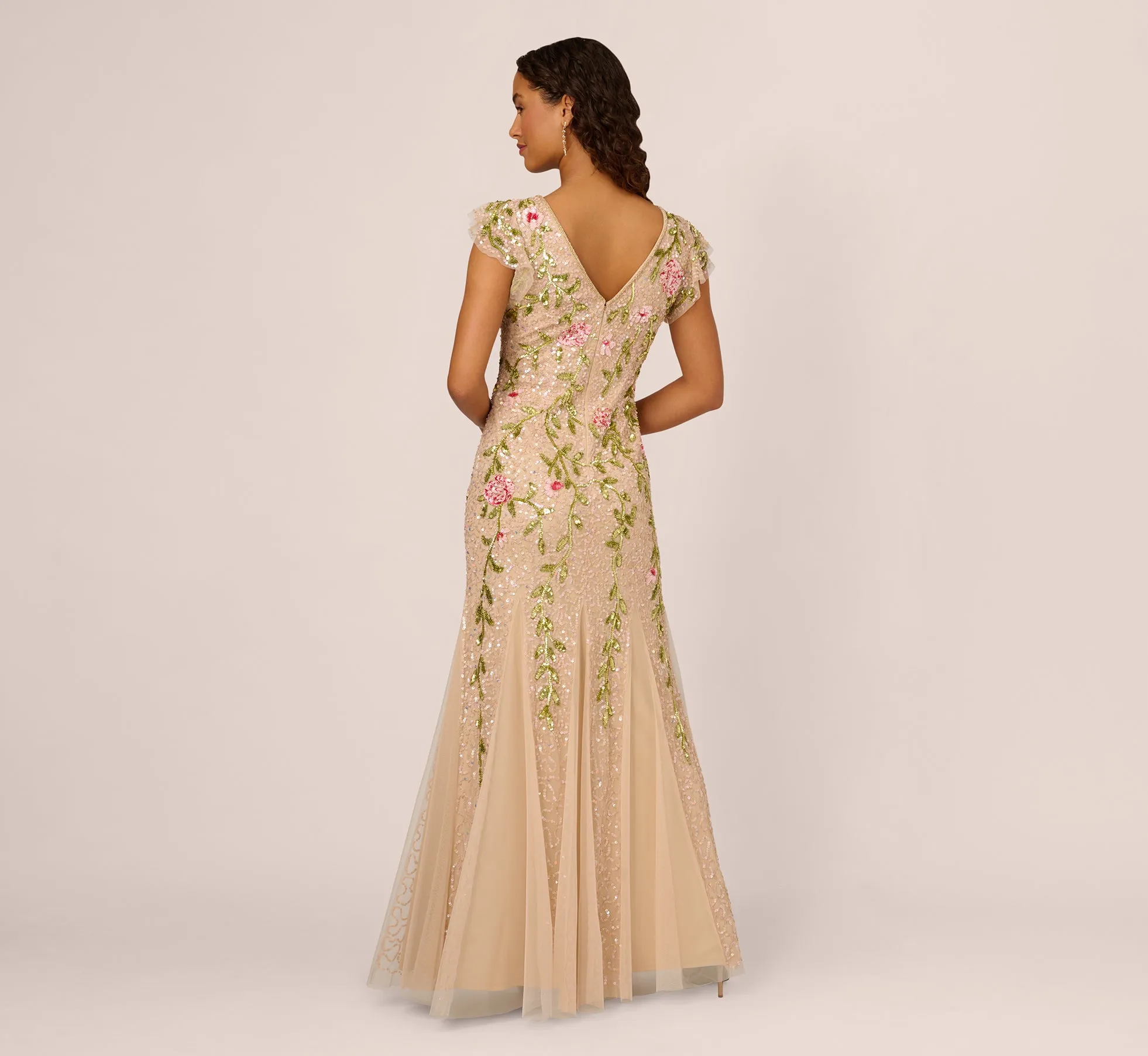 Floral Beaded Mermaid Gown With Flutter Cap Sleeves In Light Champagne