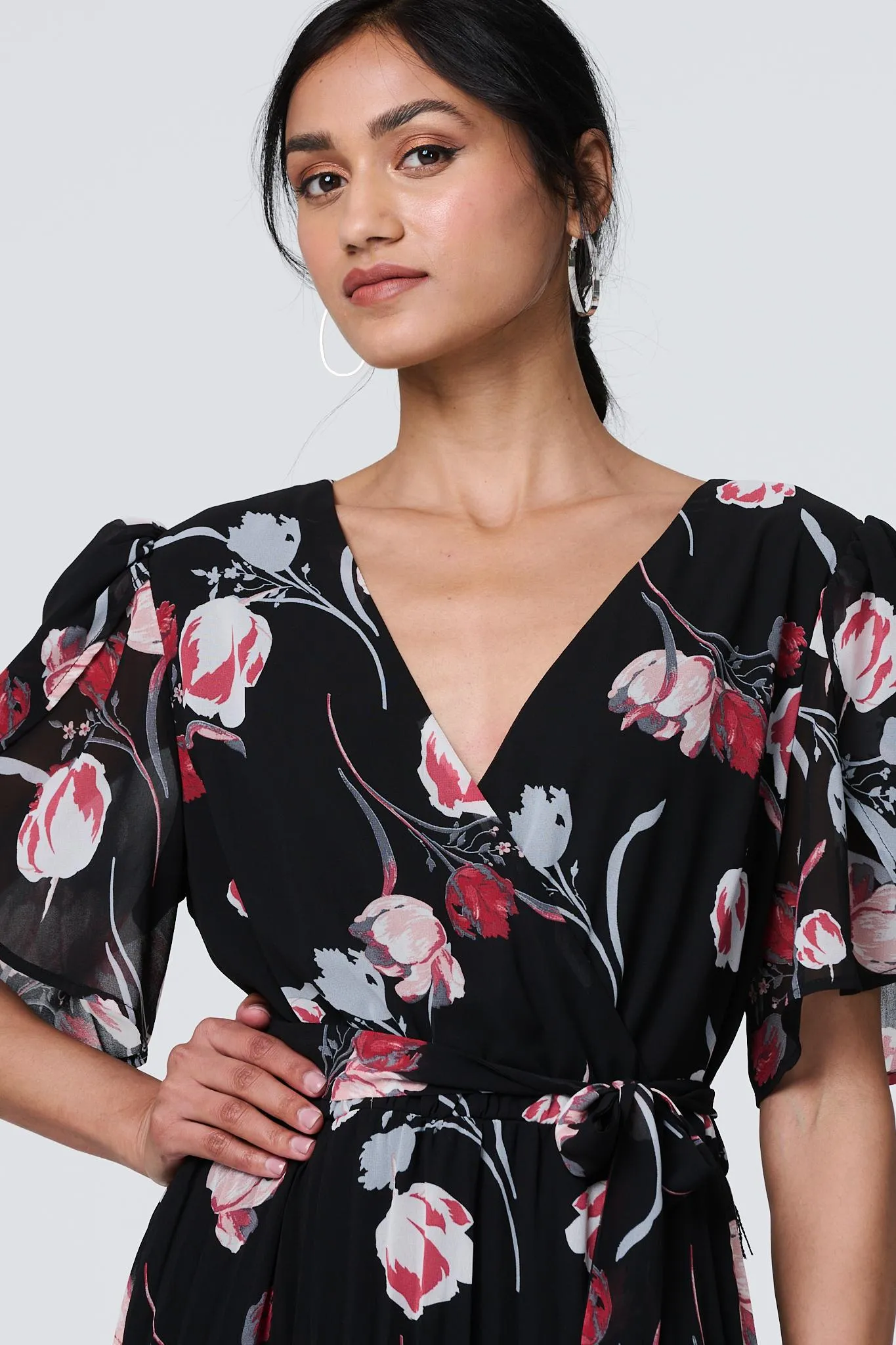 Floral Sheer 1/2 Sleeve Midi Wrap Dress