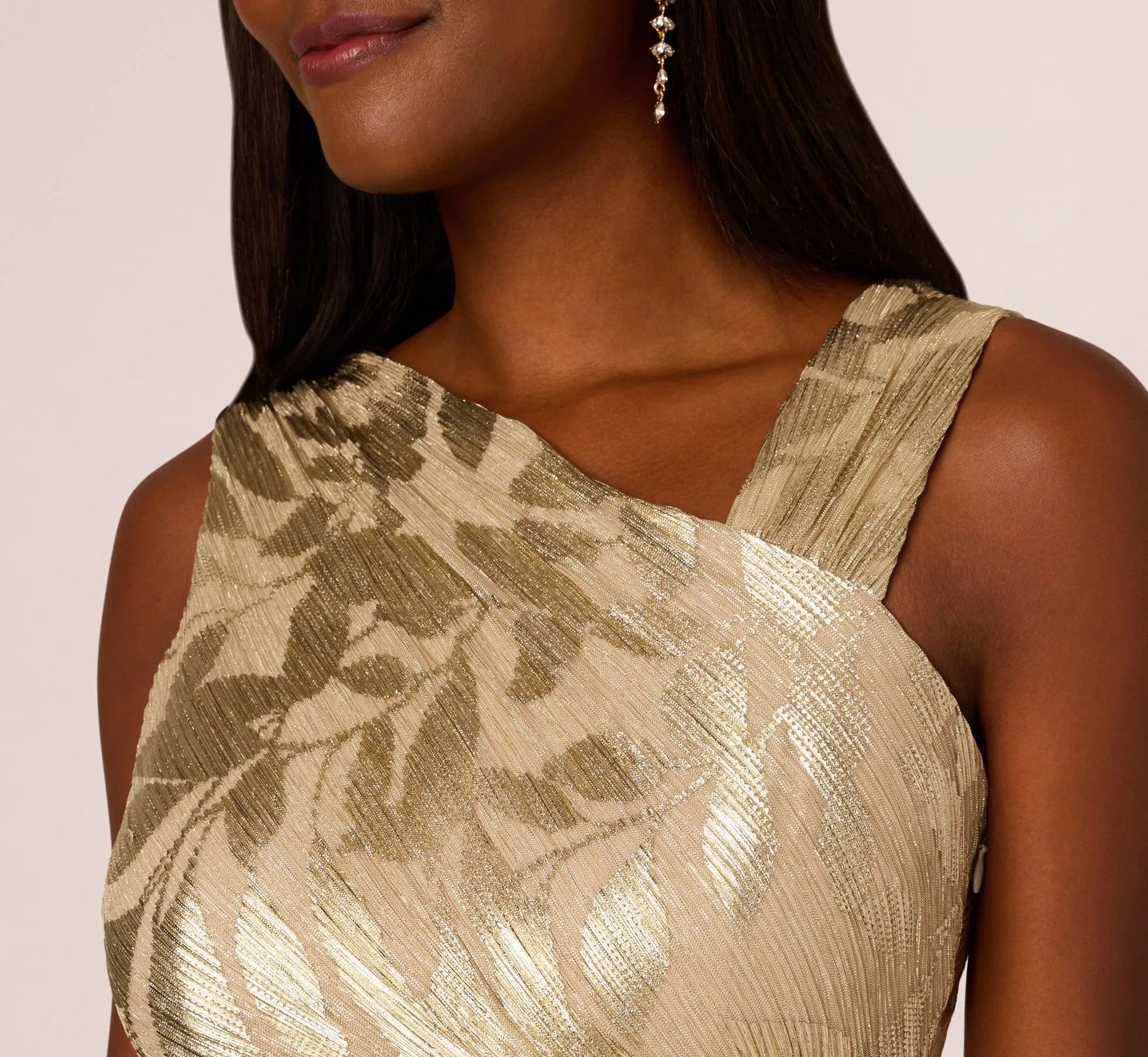 Foil Printed Asymmetric Gown With Ruffled Detail In Champagne Gold