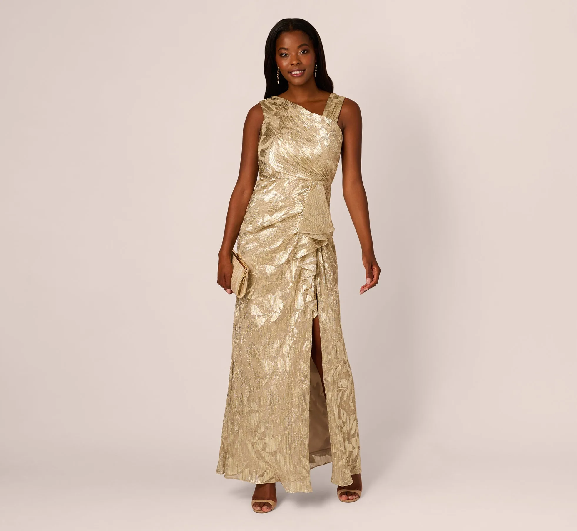 Foil Printed Asymmetric Gown With Ruffled Detail In Champagne Gold