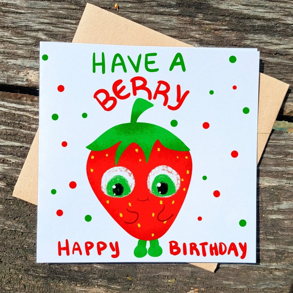 Funny Birthday Card, Strawberry Bday Card for Kids, Have a Berry Happy Birthday Postcard for her for him, Cute Fruit Party Card