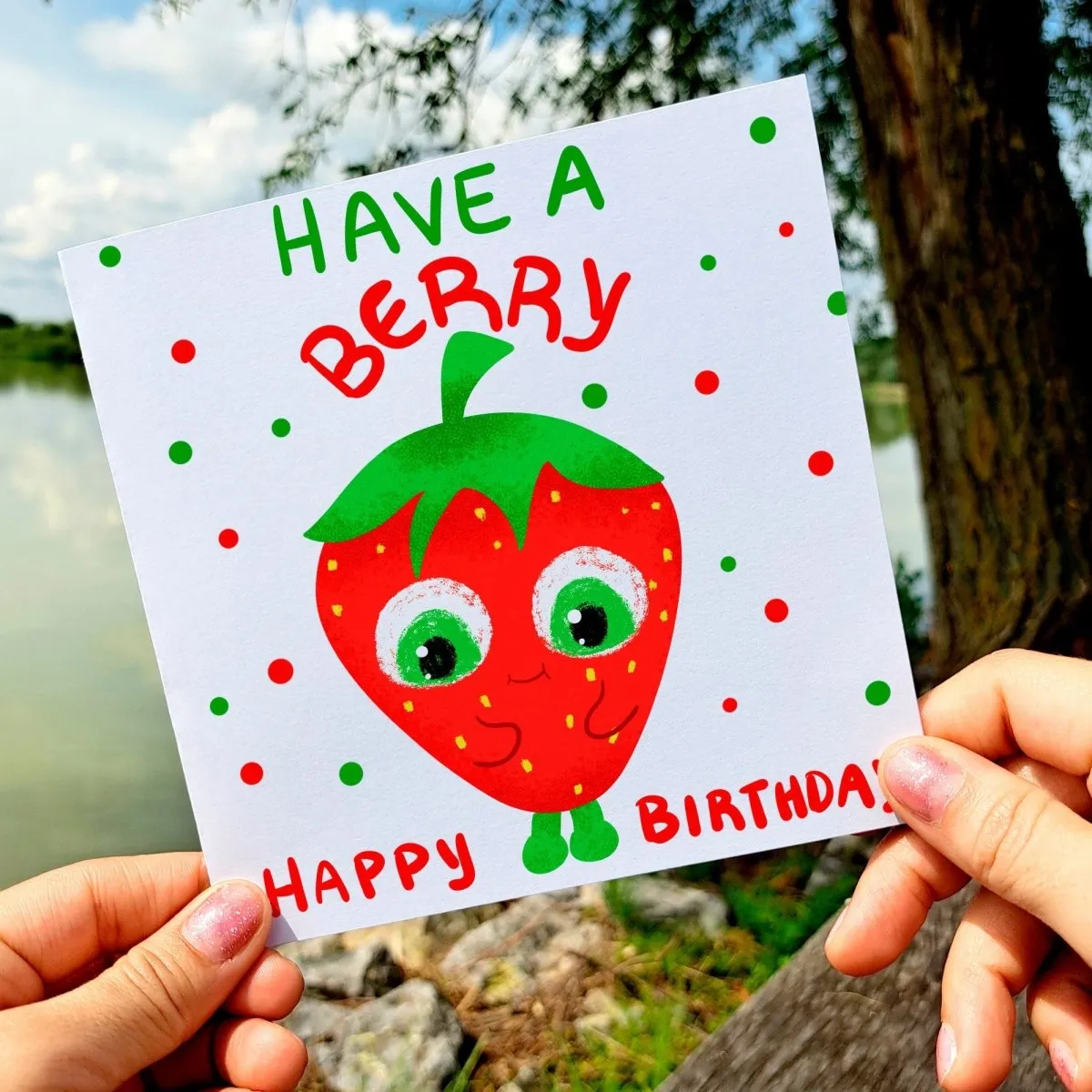 Funny Birthday Card, Strawberry Bday Card for Kids, Have a Berry Happy Birthday Postcard for her for him, Cute Fruit Party Card