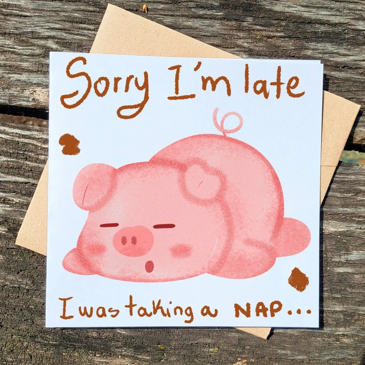 Funny Sleeping Pig Card Sorry I&#39;m Late, I Was Taking a Nap, Humorous Birthday, Friends, and Just Because, Cute Stationery Gift Idea