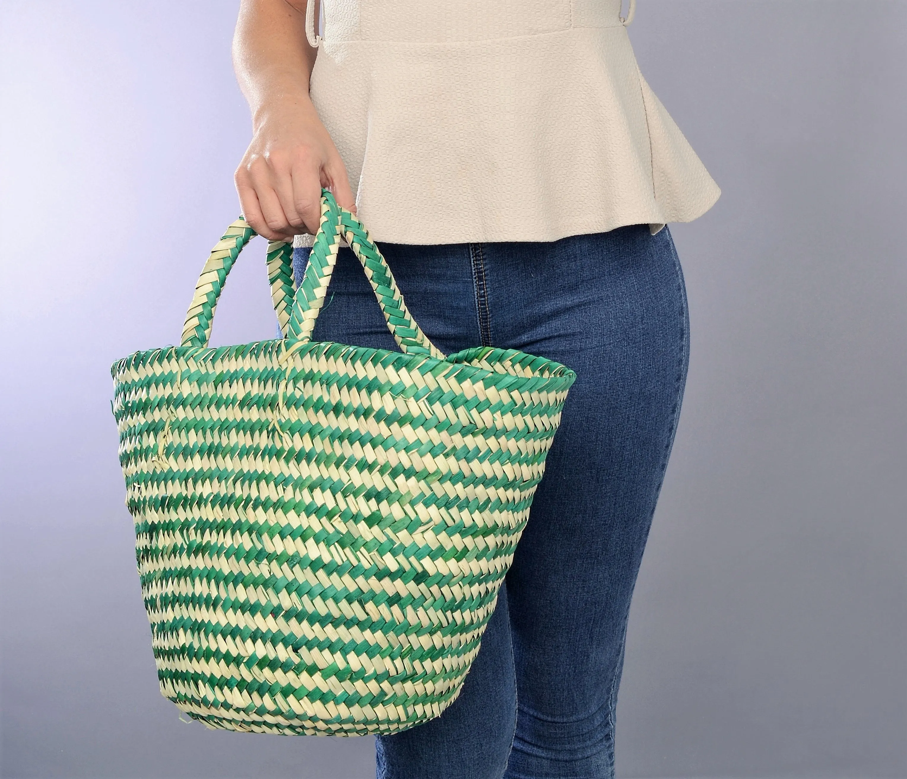 Green color palm leaf basket bag, Natural fiber market tote