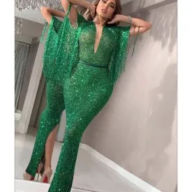 green tassel evening dresses long sparkle mermaid deep v neck beaded luxury evening gown formal dress