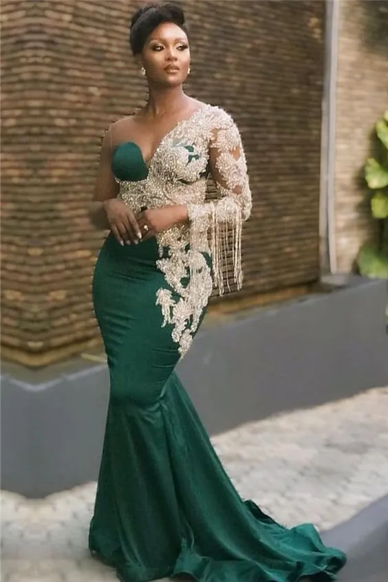 green tassels evening dresses long mermaid green one shoulder elegant modest formal evening gown