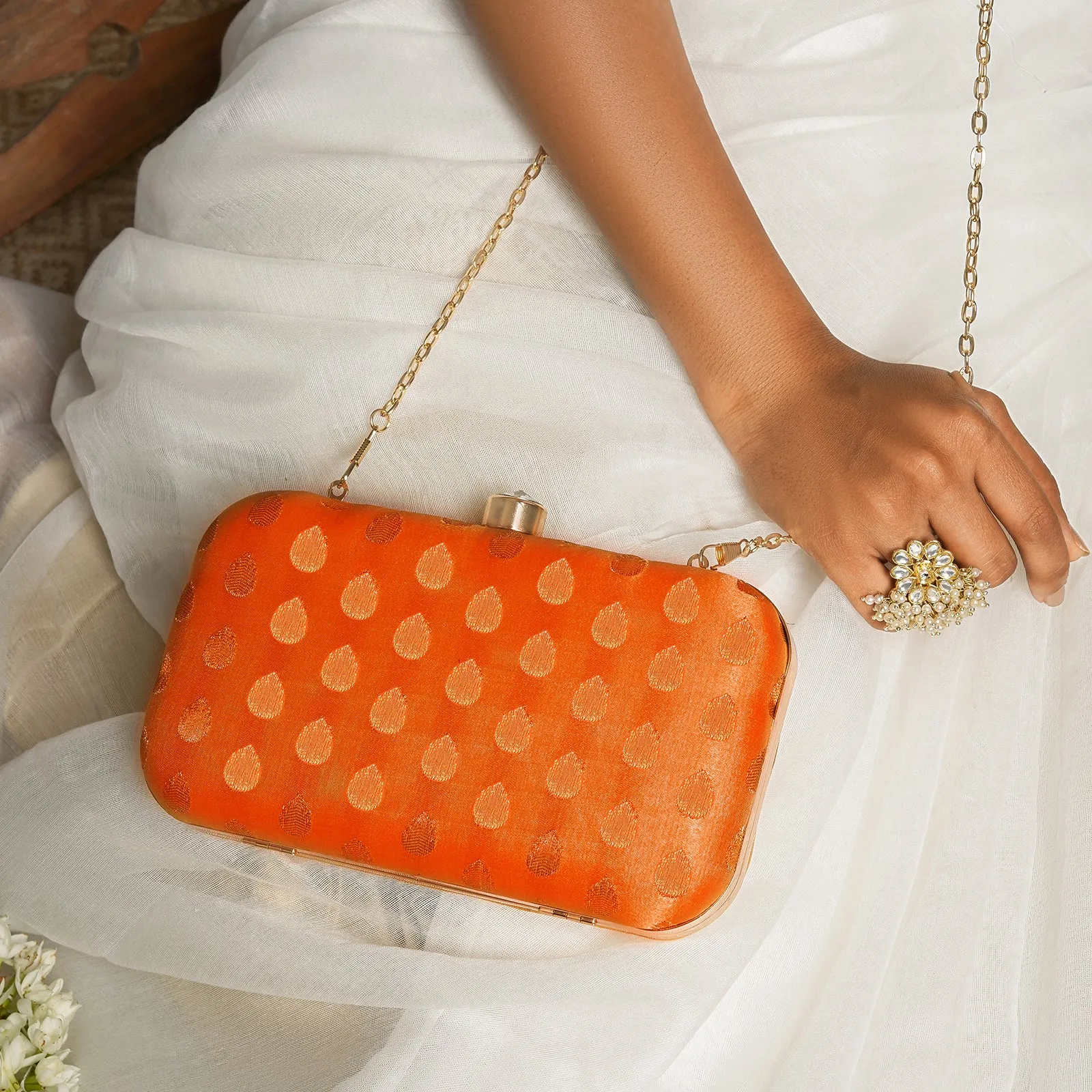 Heritage Hue Orange Brocade Fabric Clutch