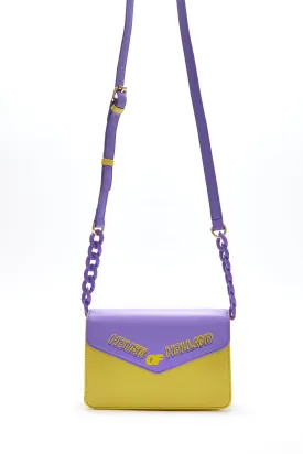 House Of Holland Cross Body Bag In Purple And Yellow With A Chain Detail Strap And Printed Logo