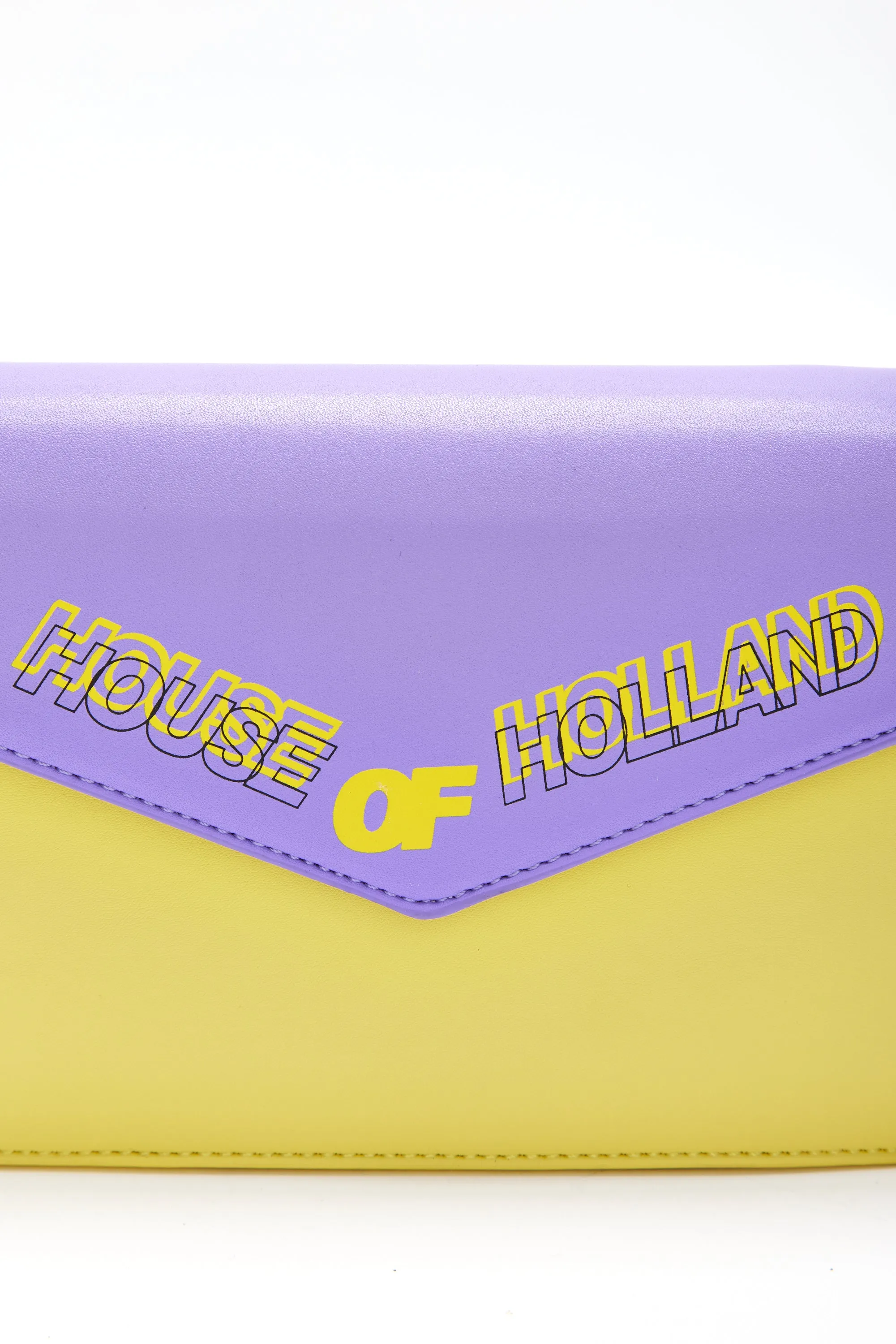 House Of Holland Cross Body Bag In Purple And Yellow With A Chain Detail Strap And Printed Logo