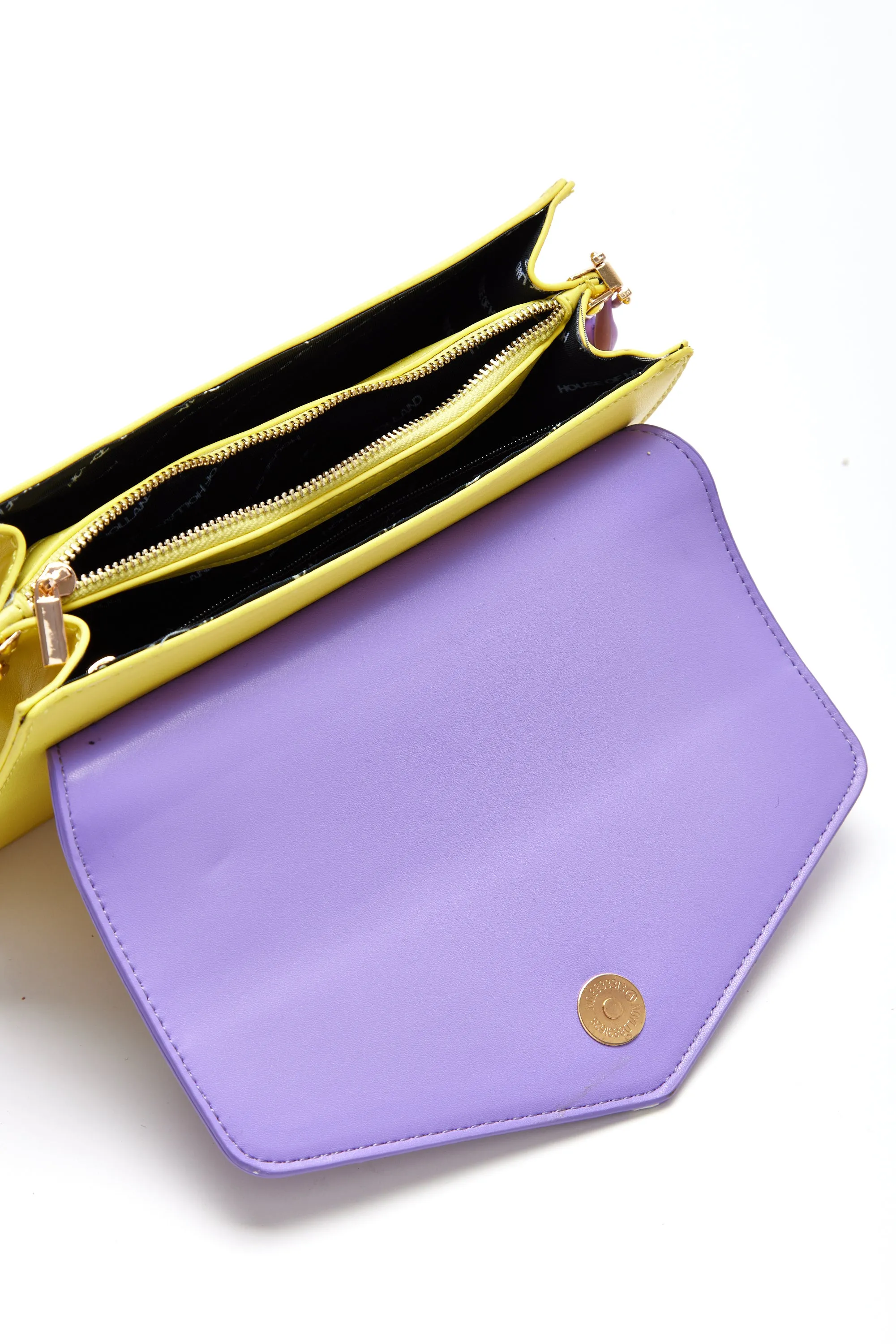 House Of Holland Cross Body Bag In Purple And Yellow With A Chain Detail Strap And Printed Logo