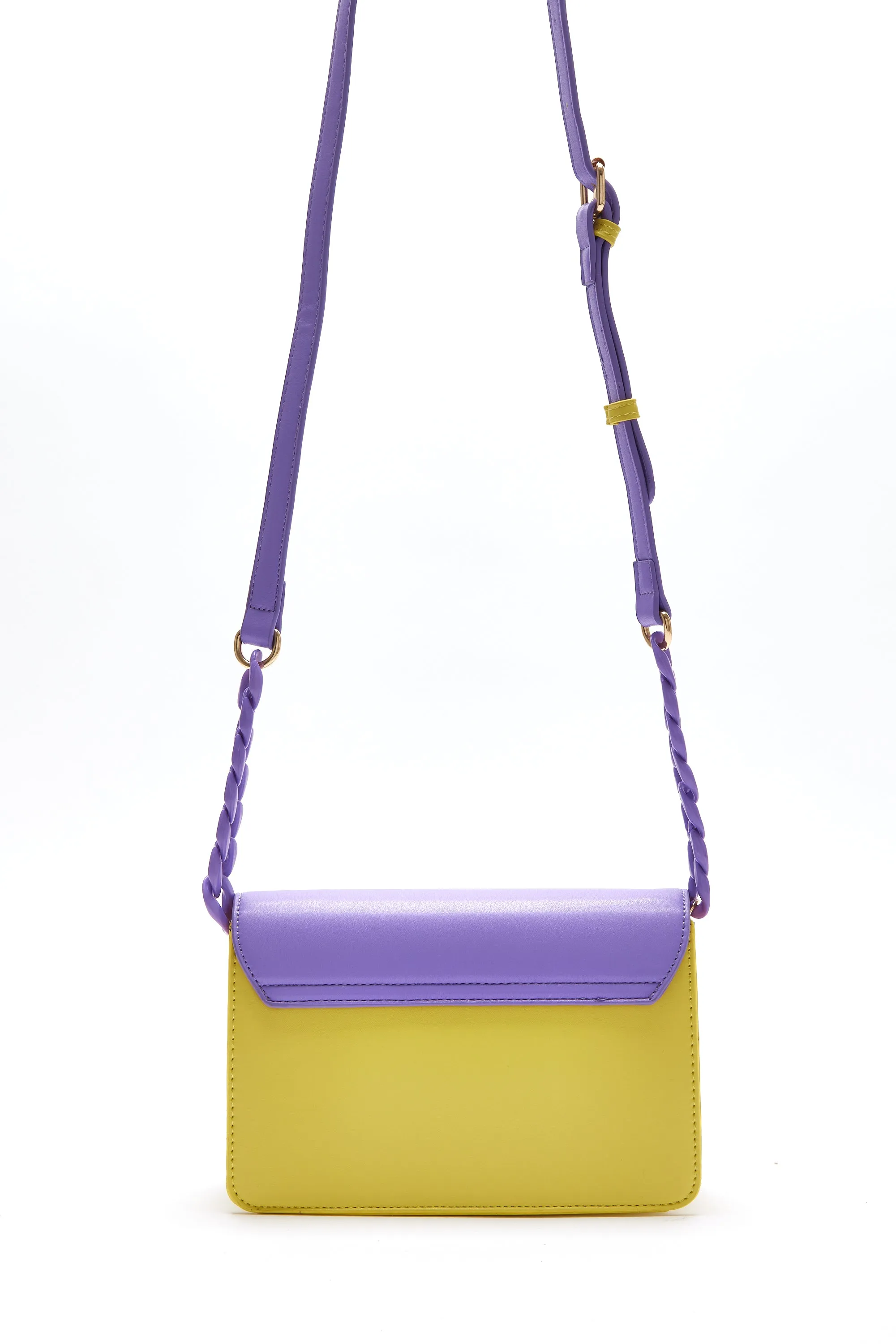 House Of Holland Cross Body Bag In Purple And Yellow With A Chain Detail Strap And Printed Logo