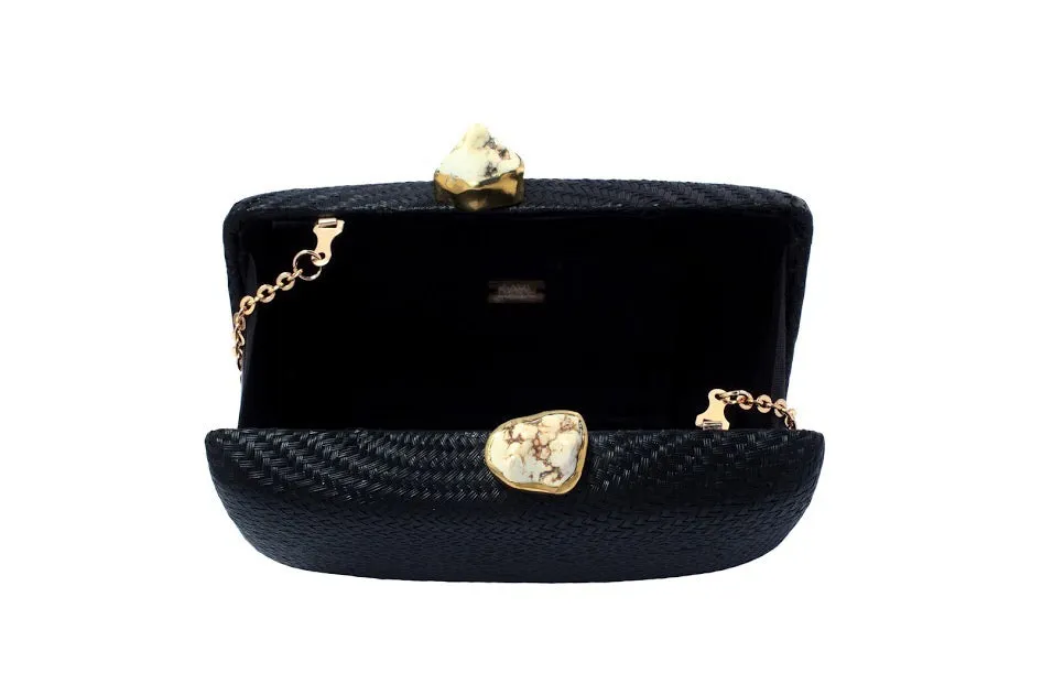 Kayu Jen Clutch with White Stones in Black