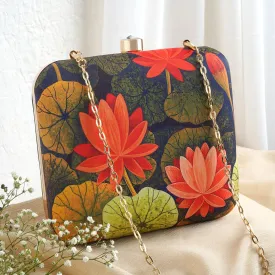 Love and Lotus Navy Blue and Red Printed Clutch