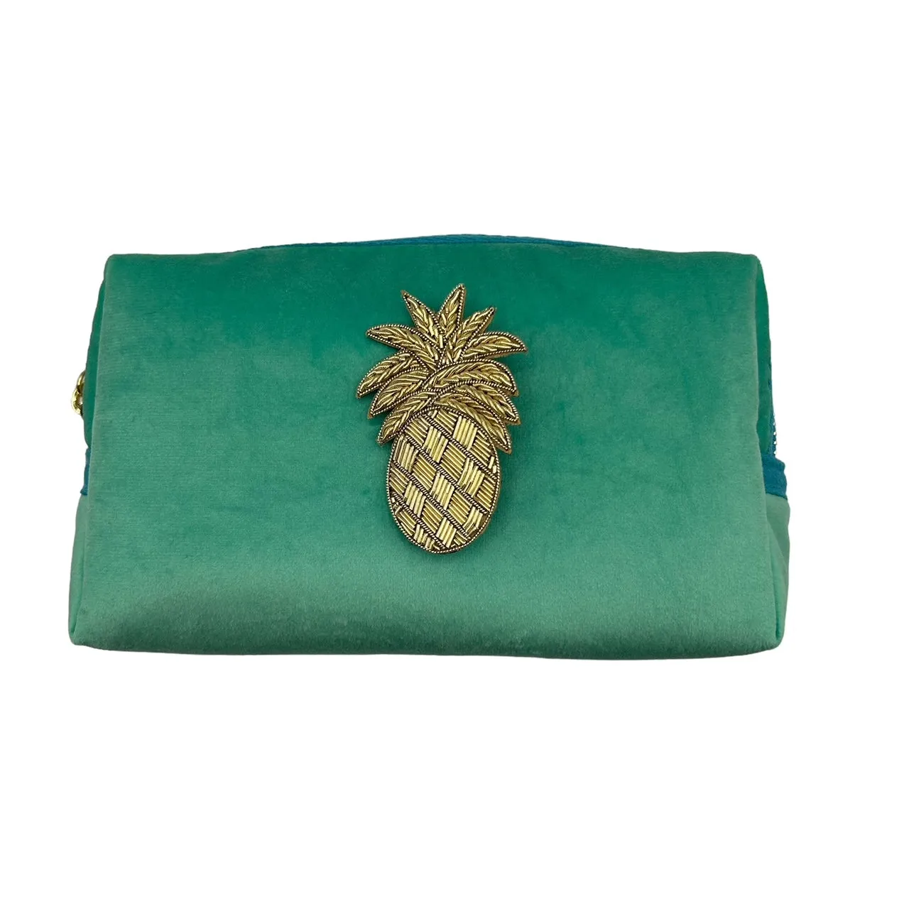 Marine make-up bag & gold pineapple brooch - recycled velvet, large and small