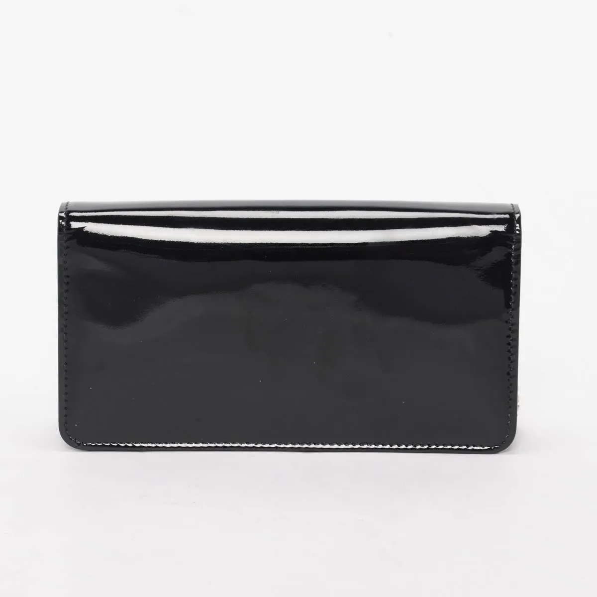 Miu Miu Black Patent Crystal Logo Clutch With Chain