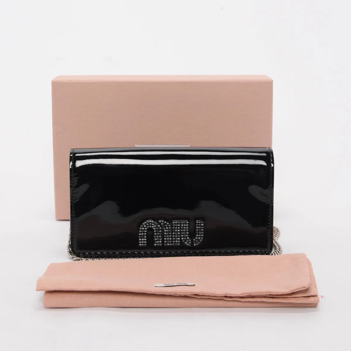 Miu Miu Black Patent Crystal Logo Clutch With Chain