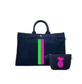 Navy East West Bag with Neon Pink & Neon Green Stripes (  FREE Navy Makeup with Neon Pink Pineapple)