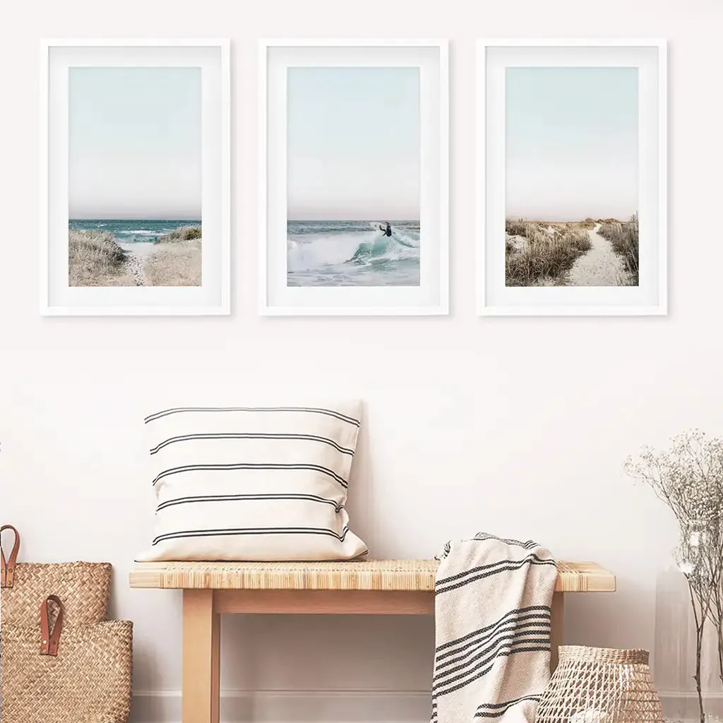 Ocean Surfing 3 Piece Wall Art. Blue Waves, Sandy Beach Path