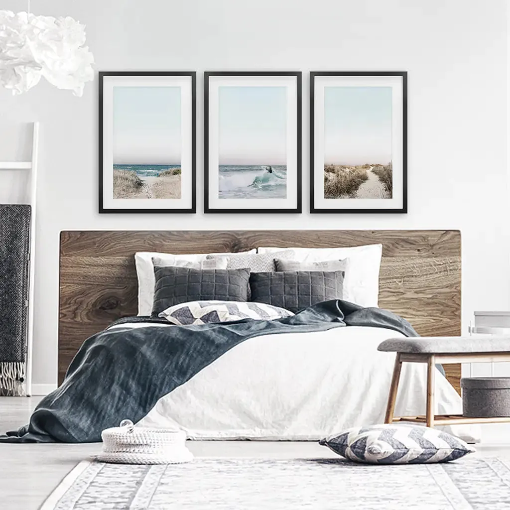 Ocean Surfing 3 Piece Wall Art. Blue Waves, Sandy Beach Path