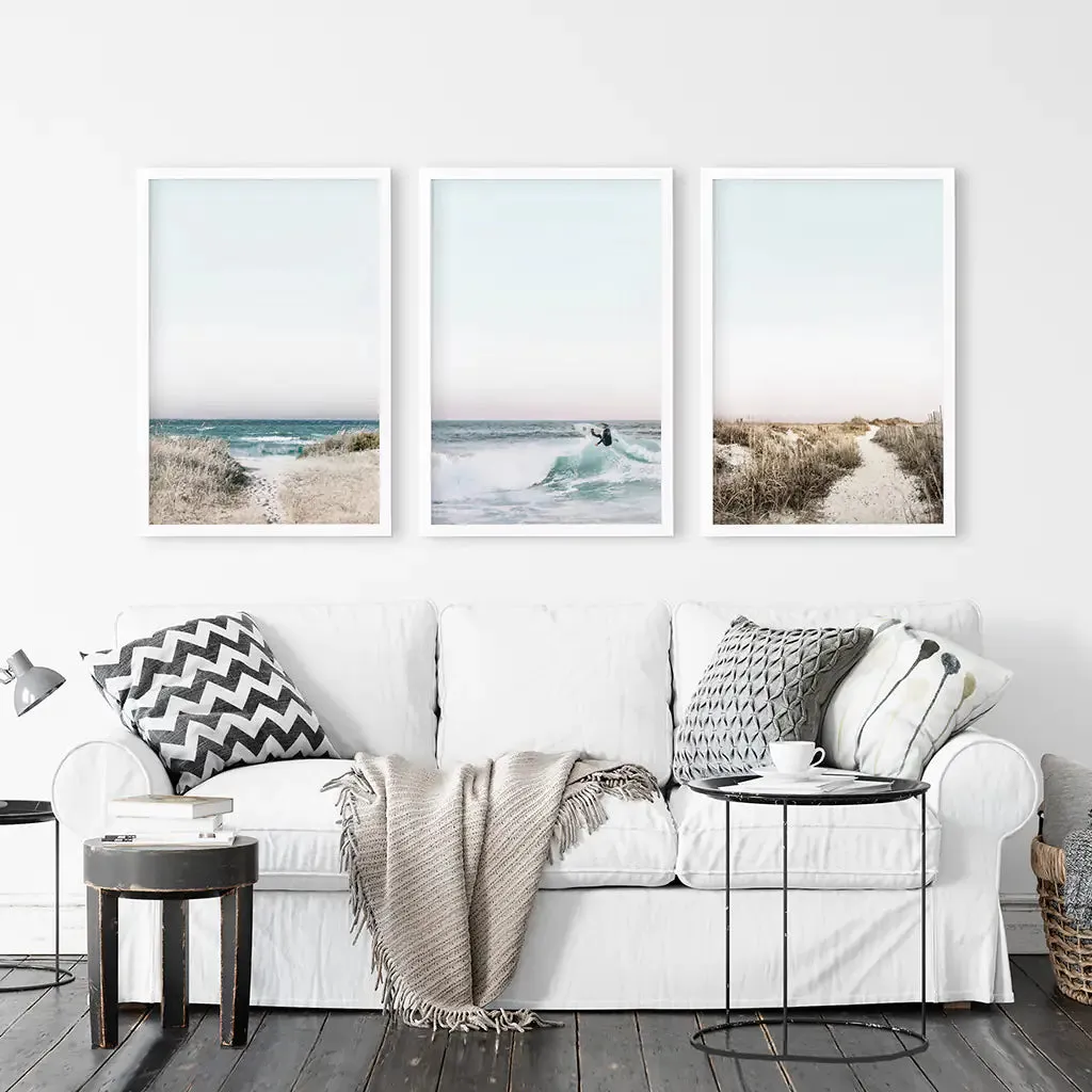 Ocean Surfing 3 Piece Wall Art. Blue Waves, Sandy Beach Path