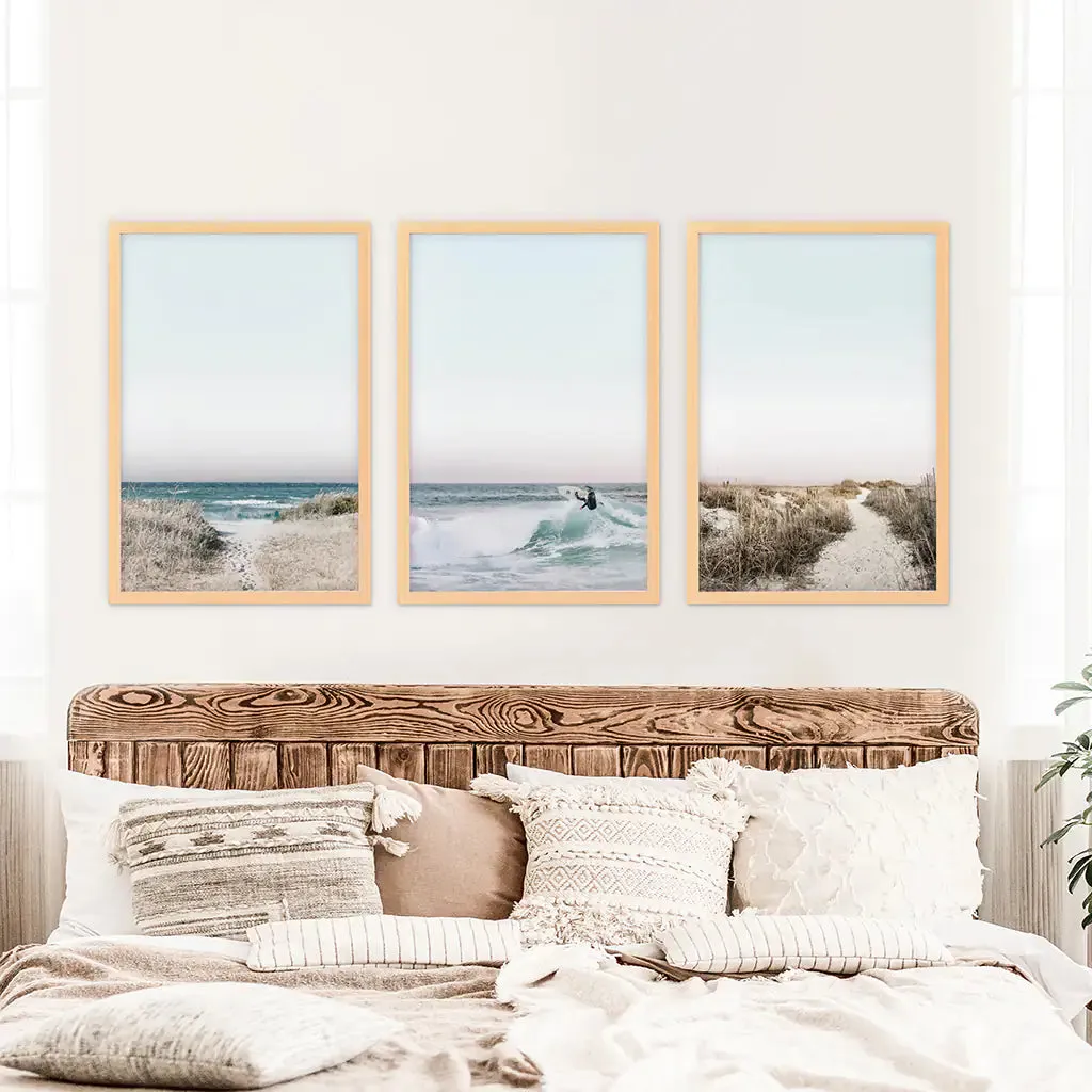 Ocean Surfing 3 Piece Wall Art. Blue Waves, Sandy Beach Path