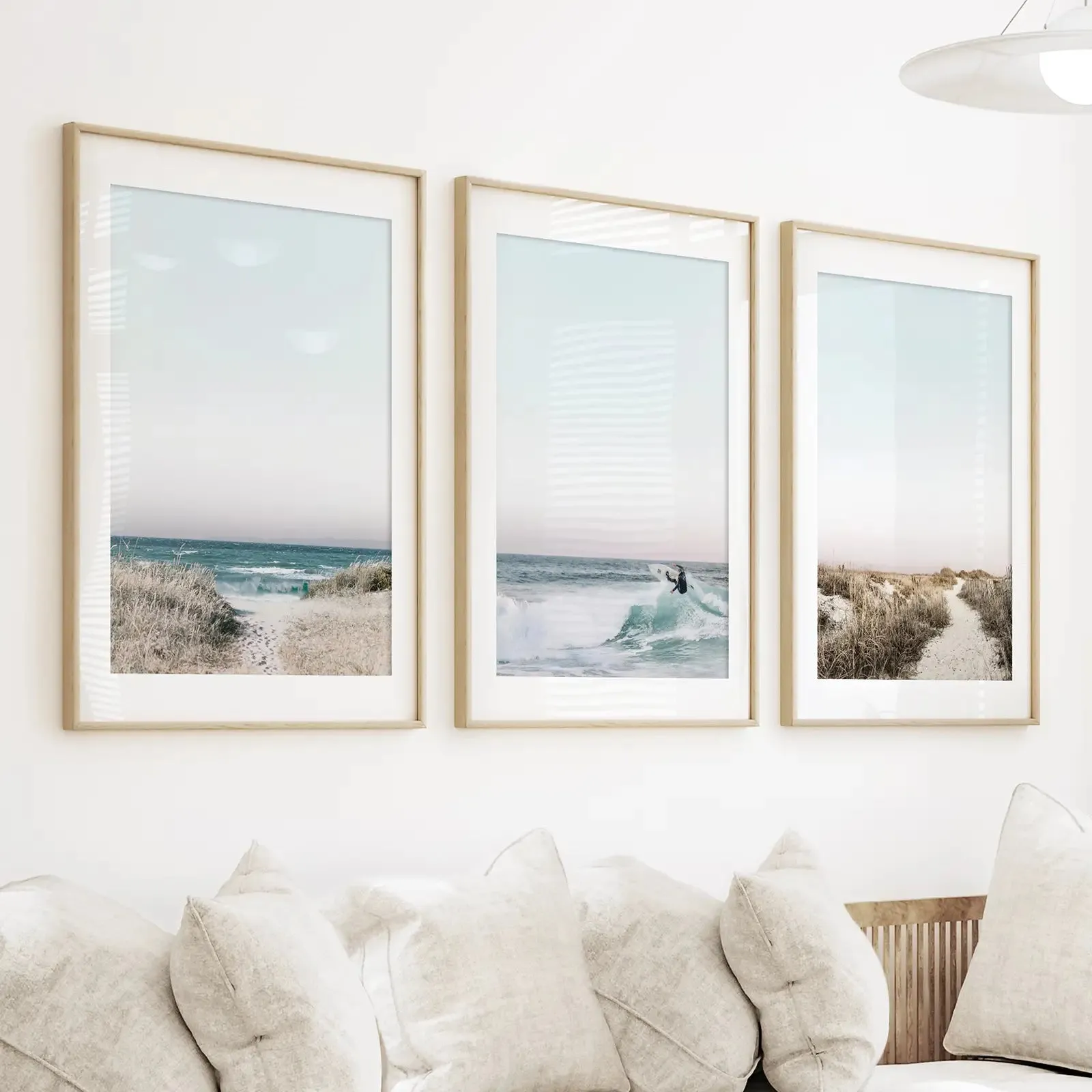 Ocean Surfing 3 Piece Wall Art. Blue Waves, Sandy Beach Path