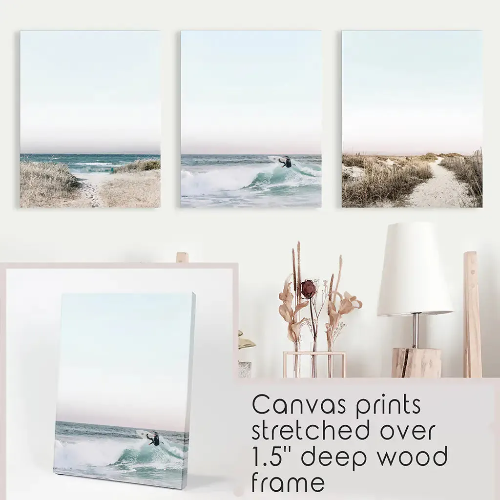 Ocean Surfing 3 Piece Wall Art. Blue Waves, Sandy Beach Path