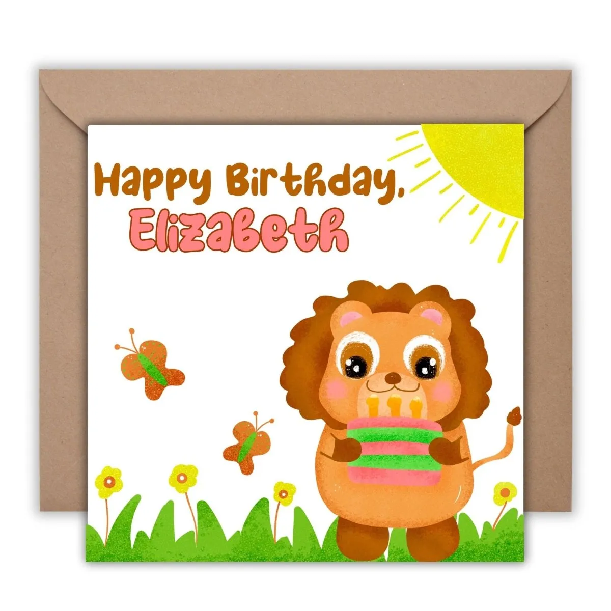 Personalized Lion Kid Birthday Card, Safari Animal Greeting for Children, Custom Name Cute Gift for Toddler Girls