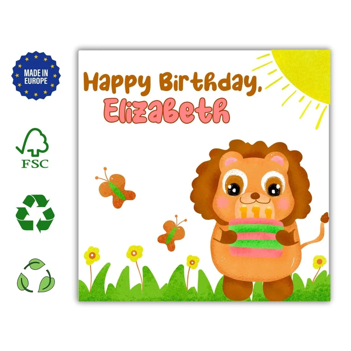 Personalized Lion Kid Birthday Card, Safari Animal Greeting for Children, Custom Name Cute Gift for Toddler Girls