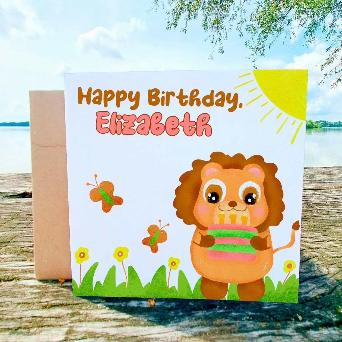 Personalized Lion Kid Birthday Card, Safari Animal Greeting for Children, Custom Name Cute Gift for Toddler Girls