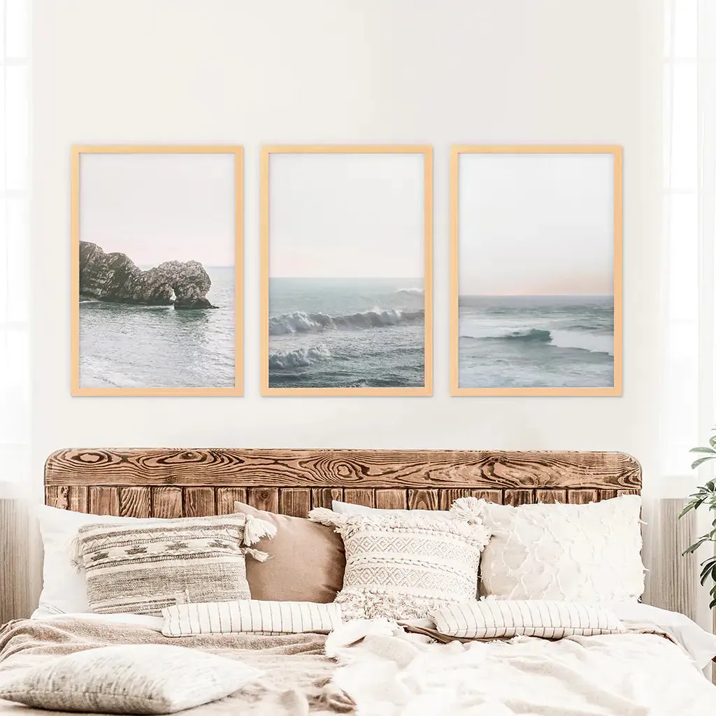 Pink Ocean Sunset Wall Art. Rock, Waves