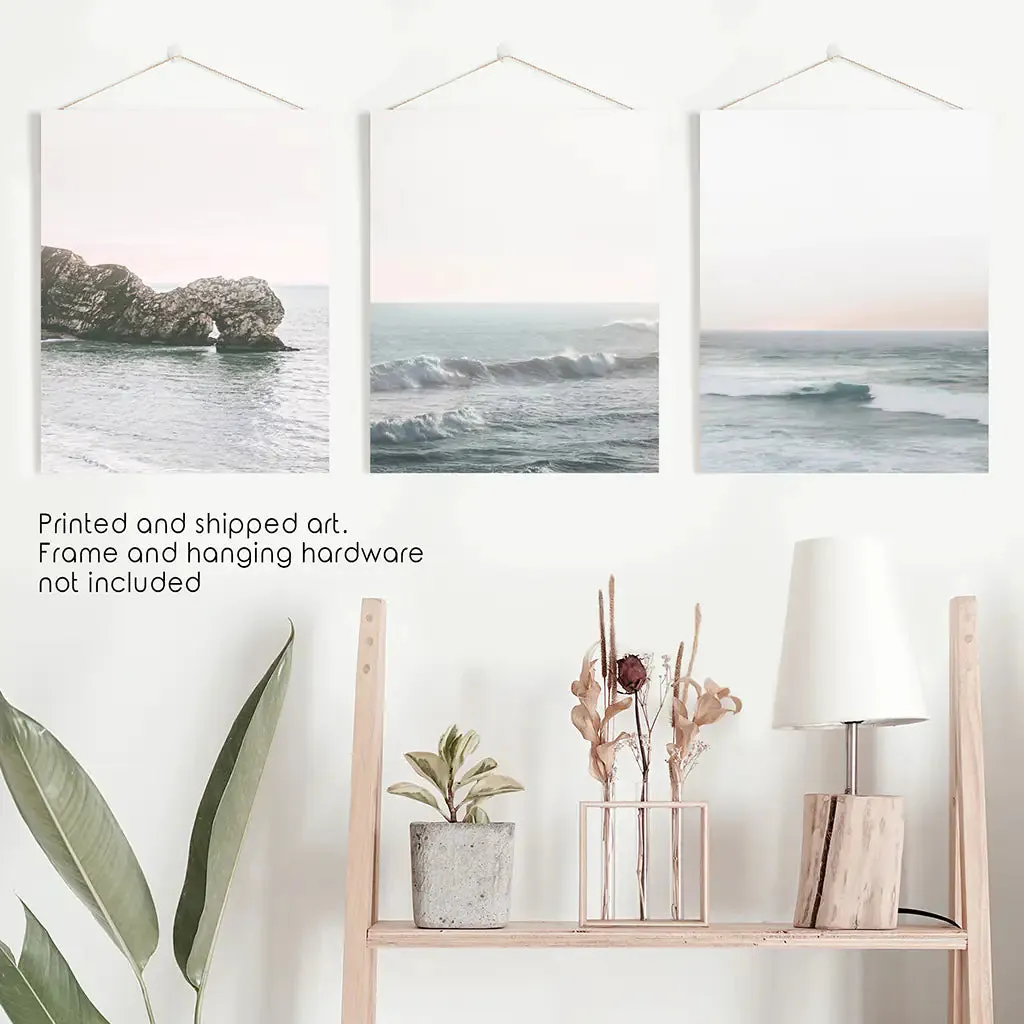 Pink Ocean Sunset Wall Art. Rock, Waves