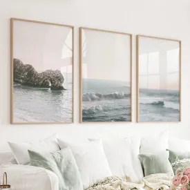 Pink Ocean Sunset Wall Art. Rock, Waves