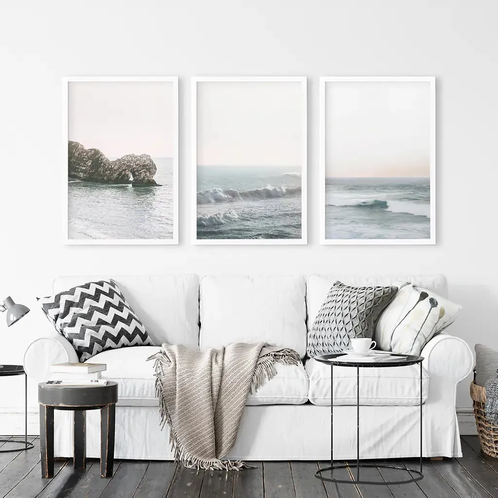 Pink Ocean Sunset Wall Art. Rock, Waves