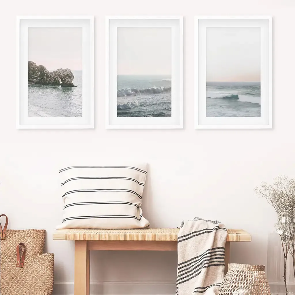 Pink Ocean Sunset Wall Art. Rock, Waves